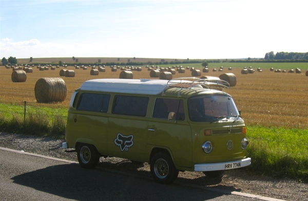 Ethel in front of a field of hay bales