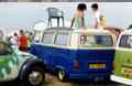 The blue and white bus was filled with water (no joke)