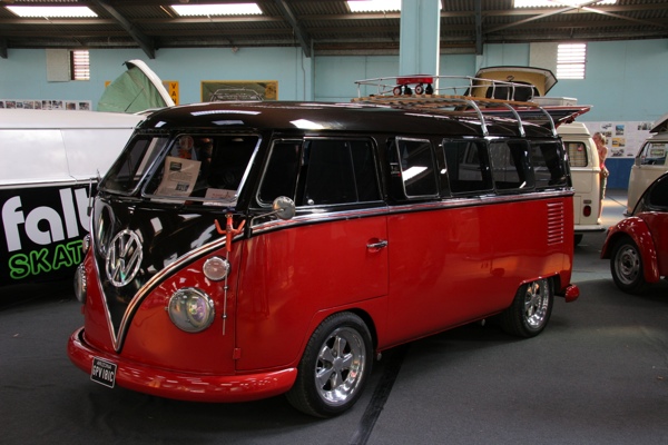 Red and black splitty in display hall