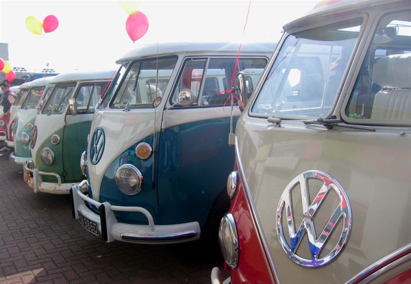 Line-up of split screen camper vans